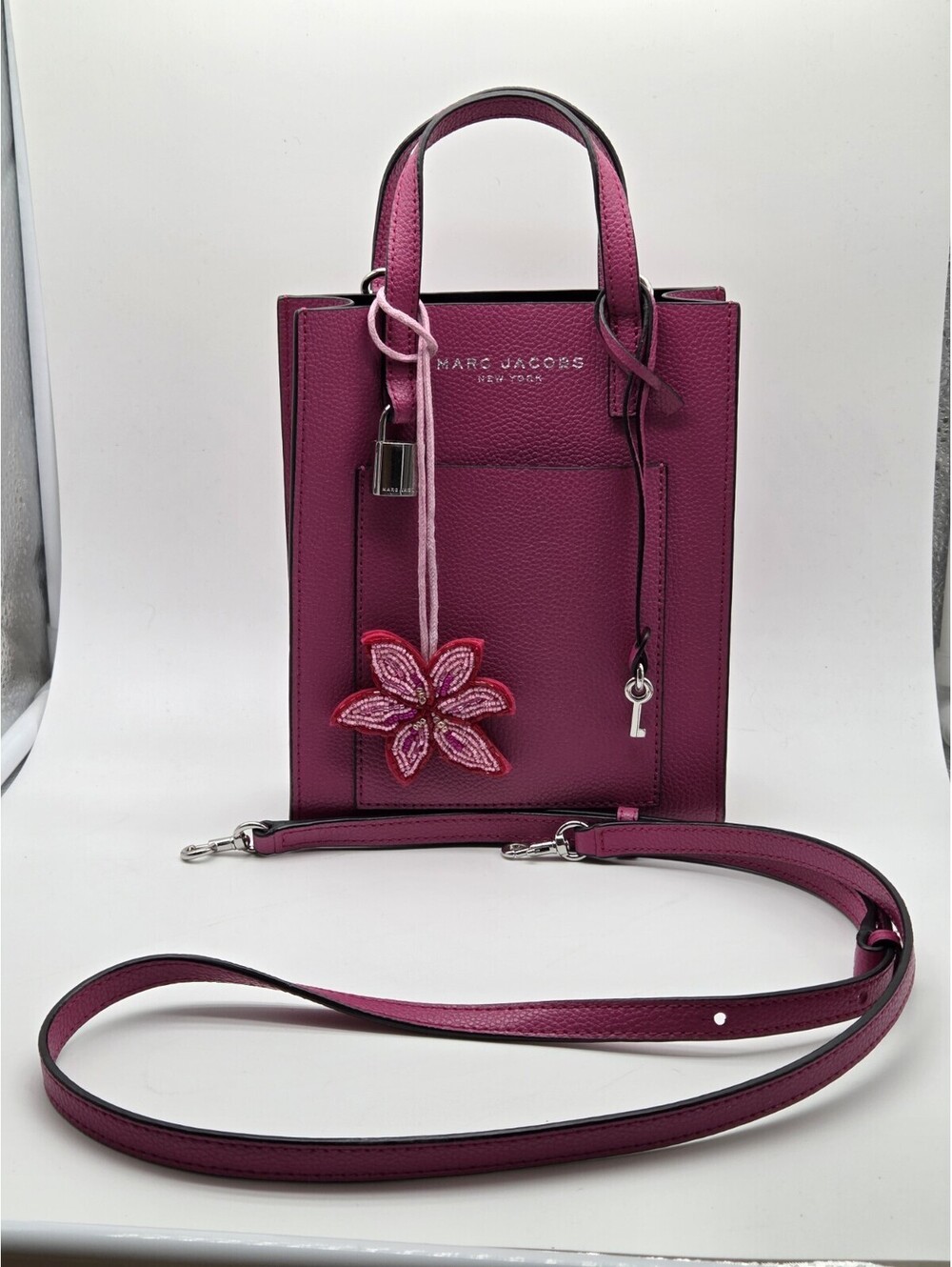 Marc Jacobs The Grind Mini Tote Crossbody Bag Pink Pebbled Leather Key Lock
